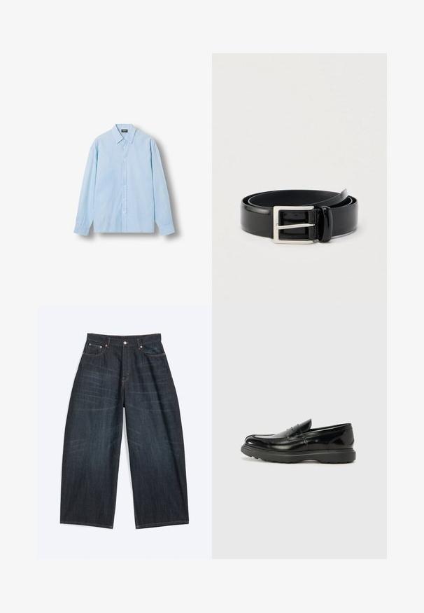Camisa azul claro con botones, con finas rayas blancas verticales, mangas largas y cuello puntiagudo, mostrada plana sobre un fondo blanco.; Vaqueros azul oscuro de pierna ancha con bolsillos delanteros, cierre de botones y costuras visibles, colocados planos sobre un fondo blanco.; Mocasín de cuero negro con un acabado brillante, punta redondeada, detalles de costura sutiles y una suela de goma gruesa para mayor durabilidad.; Cinturón enrollado de cuero negro brillante con una hebilla metálica rectangular plateada sobre un fondo claro y liso.