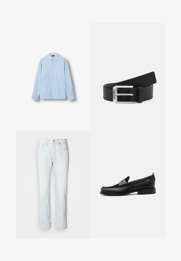 Chemise bleu clair à boutons, avec fines rayures blanches verticales, manches longues et col pointu, présentée à plat sur fond blanc.; Jean en denim bleu clair avec une coupe droite. Présente une fermeture à bouton et des passants de ceinture, mettant en valeur une texture décolorée et des coutures minimalistes.; Mocassin en cuir noir avec détail de bride grise, talon bas et semelle texturée, marqué "HUGO" en or sur le côté.; Ceinture en cuir noir avec une boucle en métal argenté gravée "HUGO", présentant des coutures d'accent rouge sur la boucle de ceinture.