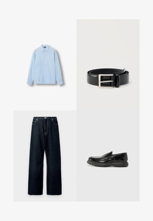 Lyseblå skjorte med knapper, tynde lodrette hvide striber, lange ærmer og en spids krave, lagt fladt på en hvid baggrund.; Mørkeblå vide denimjeans med frontknap og lynlås, bæltestropper og synlige syninger på lommer og sømme.; Sort læderloafer med en blank finish, rund tå, subtile syninger og en tyk gummisål for holdbarhed.; Rullet sort blankt læderbælte med en sølvfarvet rektangulær metalspænde på en ensfarvet lys baggrund.