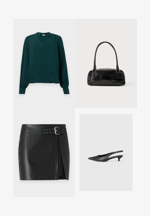 Chemisier teal à manches longues avec un col en V, des poignets froncés et une coupe décontractée. Texture lisse avec un léger éclat, sans motifs ni accents visibles.; Mini-jupe en simili cuir noir avec une ceinture réglable comportant une boucle en argent et des clous décoratifs, design à enroulement avant et texture lisse.; Chaussure slingback noire à bout pointu en cuir lisse. Présente un talon fin et un détail de boucle sur la sangle réglable.; Sac à main en cuir noir de forme rectangulaire, doté d'une seule ansse structurée, de quincaillerie argentée et d'une fermeture éclair. Texture lisse.