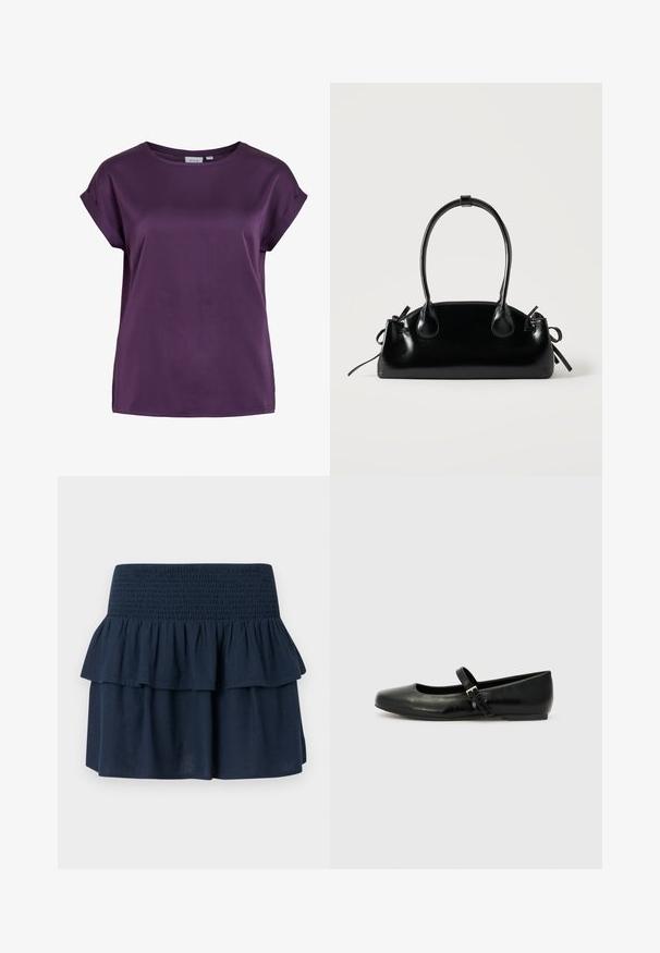 Blouse femme à manches courtes de couleur violet foncé avec un col rond et des détails de poignets pliés sur les manches.; Mini-jupe bleu marine avec large ceinture smockée et détail de volants superposés sur le dessus.; Ballerines en cuir noir avec un bout arrondi, une semelle plate et une fine sangle ajustable sur le cou-de-pied avec une boucle en métal.; Petit sac à main noir brillant avec deux longues anses et des détails à cordon sur les côtés sur un fond clair uni.