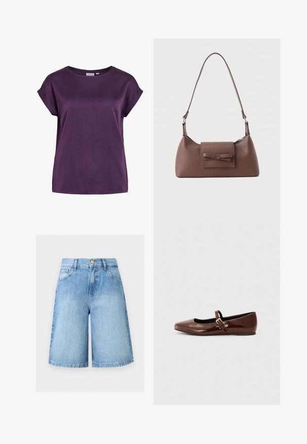 Blouse femme à manches courtes de couleur violet foncé avec un col rond et des détails de poignets pliés sur les manches.; Shorts en denim bleu clair longueur genou avec poches avant, passants pour ceinture et fermeture par bouton métallique.; Ballerine en cuir verni marron avec un bout carré et une lanière ornée d'une petite boucle dorée. Texture lisse, talon bas et design minimaliste.; Sac à bandoulière en cuir marron avec une poche à rabat avant ornée d'un détail en forme de nœud cousu et une sangle réglable.
