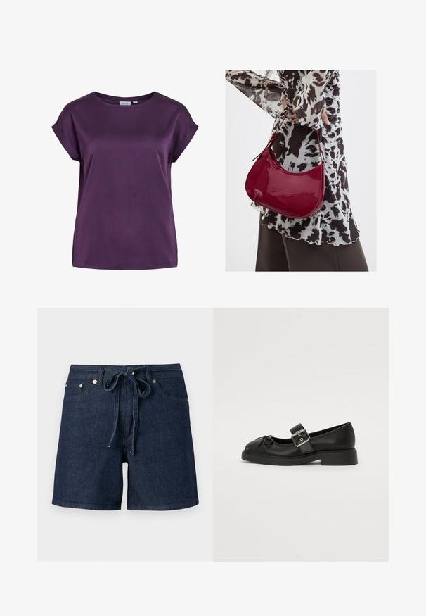 Blouse femme à manches courtes de couleur violet foncé avec un col rond et des détails de poignets pliés sur les manches.; Shorts en denim bleu foncé avec poches avant et ceinture en tissu nouée à la taille, présentés sur un fond gris uni.; Chaussure Mary Jane en cuir noir avec un bout arrondi, une sangle à la cheville et des détails en boucle argentée. Présente une semelle plate et épaisse ainsi qu'un accent en nœud.; Femme portant un chemisier à motif noir et blanc tenant un sac à main rouge brillant sur un fond uni.