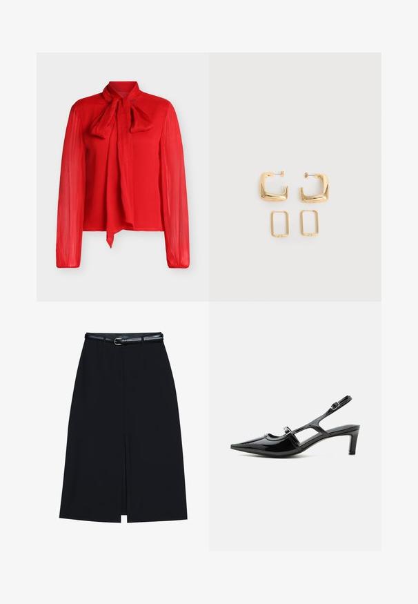 Blouse rouge à manches longues avec un col noué en forme de nœud, présentant une texture transparente et un design côtelé. Légère et légèrement cintrée à la taille.; Jupe noire à mi-cuisse avec une fente frontale, fabriquée en tissu lisse. Comprend une fine ceinture noire avec une boucle en argent et des passants.; Chaussure slingback en cuir verni noir à bout pointu, petit talon et deux brides réglables avec boucles, vue de profil latéral.; Deux paires de Boucles d'oreilles créoles géométriques dorées sur une surface blanche unie, une paire carrée et pleine, une paire rectangulaire et creuse.