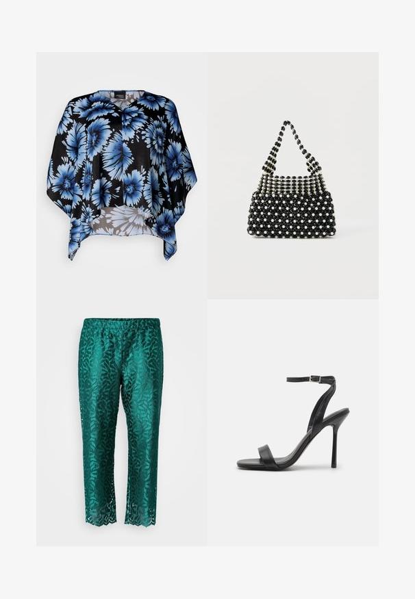 Sort floralprint kappe med store blå blomster, blødt stof, løs pasform og V-hals design. Med glatte teksturer og flydende form.; Teal blonde bukser med blomstermønster, løs pasform, cropped længde, elastisk talje og bølget kantdetalje.; Sort højhælet sandal med en slank ankelrem og to forreste bånd. Lavet af glat læder med en slank spids tå og stilettohæl.; Sort-hvid perlebesat håndtaske med kort håndtag, der har skiftevis perleagtige og sorte facetterede perler i et ternet mønster.