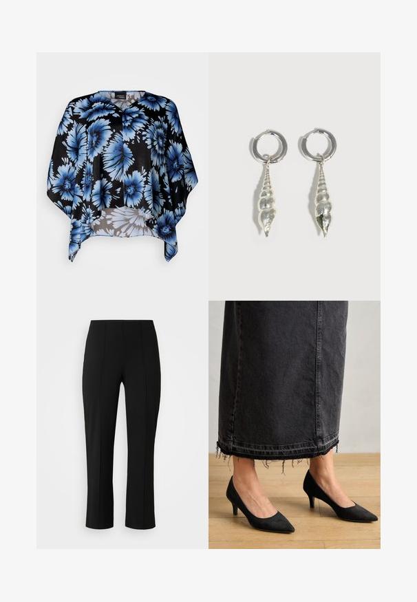 Mustrite lillemustriga kate, millel on suured sinised lilled, pehme kangas, lõtv istuvus ja V-kaelus. Aktsentidega sujuv tekstuur ja voolav vorm.; Vero Moda Curve Wide-leg VMCBECKY High waist - Püksid - black; Mustad sametpumbad terava ninaga ja 7,5 cm kõrgusega kontsaga, koos pika tume-denim seelikuga, millel on kulunud äärted.; Hõbedast rõngakujulised kõrvarõngad, millest ripuvad pikliku spiraalsel kujul merekarbi kujulised ripatsid, valgel taustal.