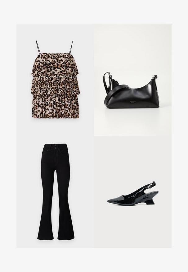 Top en imprimé léopard avec trois volants en cascade, conçu en tissu léger. Présente des bretelles noires fines et une texture plissée beige et marron.; Pepe Jeans FLARE CONTOUR - Jean flare - black denim; Chaussure slingback en cuir verni noir avec bout pointu et petit talon bloc incliné sur fond clair uni.; Sac à main en cuir noir avec une texture lisse. Dispose d'une bandoulière adjustable et d'un design élégant et minimaliste avec une fermeture éclair.