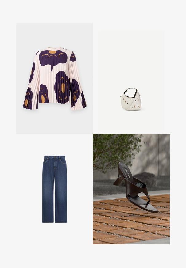 Plisseret bluse med lange klokkeærmer i lyserød, med store mørkelilla og gyldne blomsterprint. Høj hals med knaplukning.; Mørkeblå vidde jeans med frontlommer, bæltestropper og knaplukning ved taljen mod en hvid baggrund.; Brun Calvin Klein hælet thong sandal svævende over træflise og grus udendørs med sløret grønt og stenmur i baggrunden.; Lille hvid håndtaske med brune pletter, afrundet trekantet form, sort indvendig foring og kort justerbar rem med sølvspænde.
