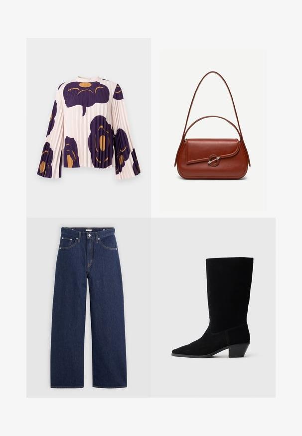 Bluse mit Falten und langen Glockenärmeln in hellrosa, mit großen dunkelvioletten und goldenen Blumenmustern. Hoher Ausschnitt mit Knopfverschluss.; Dunkelblaue Denim-Hose im weiten Schnitt mit hoher Taille, ausgestattet mit fünf Taschen, Gürtelschlaufen und Kupfernähten. Glatte Textur.; Schwarze Wildleder Stiefelette mit spitzer Zehe, mittelhohem Schaft und einem chunky Absatz. Verfügt über minimale Nähte und eine glatte Textur.; Braune Leder-Schultertasche mit abgerundeter rechteckiger Form, asymmetrischer Klappe, silbernem runden Verschluss und zwei dünnen Riemen.