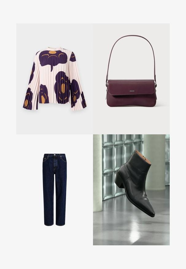 Plisseret bluse med lange klokkeærmer i lyserød, med store mørkelilla og gyldne blomsterprint. Høj hals med knaplukning.; Mørkeblå denim jeans med lige ben-design, der har høj talje, fem-lomme-stil og kontrastsyninger. Ingen dekorationer.; Sort læderankelstøvle med spids tå og blokhæl, der svæver over en reflekterende grå gulv nær en væg af glasblokke.; Bordeauxfarvet lædertaske med et struktureret design, der har en klaplukning og en justerbar rem. Logo detaljer præget på forsiden.