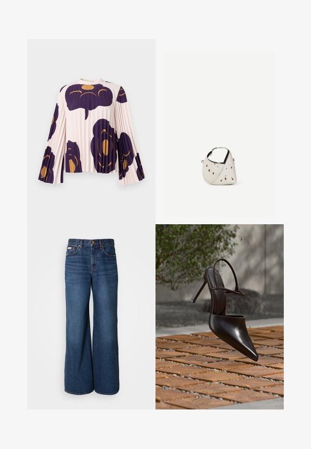 Plisseret bluse med lange klokkeærmer i lyserød, med store mørkelilla og gyldne blomsterprint. Høj hals med knaplukning.; Bredde jeans lavet af mørkeblåt denim. Funktioner inkluderer en høj talje, fem lommer og kontrasterende orange syninger langs sømmene.; Blank højhælet mule med spids tå og ankelrem, svævende over en terracottaflisebelagt overflade med grusfyldte mellemrum.; Lille hvid håndtaske med brune pletter, afrundet trekantet form, sort indvendig foring og kort justerbar rem med sølvspænde.