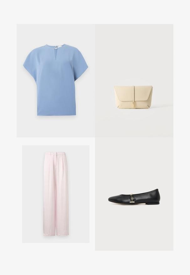 Haut bleu clair à manches courtes, avec un col rond, des plis sur le devant et un tissu doux et lisse avec des coutures minimales.; Pantalon large taille haute rose pâle avec plis devant, passants pour ceinture et fermeture dissimulée par bouton et zip.; Chaussure plate en cuir noir avec bout arrondi et petit détail de boucle dorée sur le côté, présentée sur un fond clair uni.; Pochette en cuir beige avec rabat avant et fermeture par sangle verticale, sur un fond clair uni.