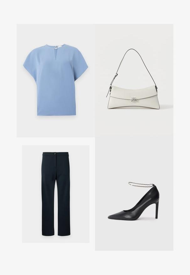 Haut bleu clair à manches courtes, avec un col rond, des plis sur le devant et un tissu doux et lisse avec des coutures minimales.; Pantalon bleu marine à jambes droites avec fermeture par boutons à la taille et boutons aux bas des manches, avec poches avant.; Escarpin noir en cuir avec un bout pointu, doté d'une fine bride de cheville en chaîne argentée et d'une texture lisse et élégante.; Sac à bandoulière en cuir blanc avec rabat incurvé, bordure noire, sangle réglable et boucle décorative argentée sur fond uni.