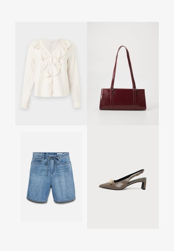 Blusa blanca de manga larga con escote en V, botones delanteros y un borde con volantes alrededor del cuello y el área de los botones.; Pantalones cortos vaqueros azules con bolsillos delanteros y trabillas para cinturón, con cordón ajustable atado en la cintura y detalles de pliegues horizontales desteñidos.; Zapato tipo pump de piel de charol marrón con tira trasera, punta puntiaguda, tacón bajo de bloque, hebilla de tono dorado y adorno decorativo dorado en la parte superior.; Bolso burdeos hecho de material brillante, de forma rectangular, con dos asas para el hombro y sutiles acentos curvados en la parte frontal.