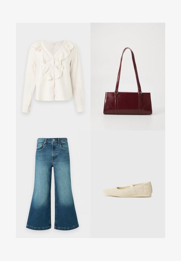 Blusa blanca de manga larga con escote en V, botones delanteros y un borde con volantes alrededor del cuello y el área de los botones.; Vaqueros azul denim de pierna ancha con cintura alta, botón frontal, trabillas para cinturón y detalles desgastados en los muslos y la parte baja de las piernas.; Bailarinas beige con un exterior de cuero liso, punta en forma de almendra y una correa elástica en el empeine, con detalles de costura sutiles.; Bolso burdeos hecho de material brillante, de forma rectangular, con dos asas para el hombro y sutiles acentos curvados en la parte frontal.