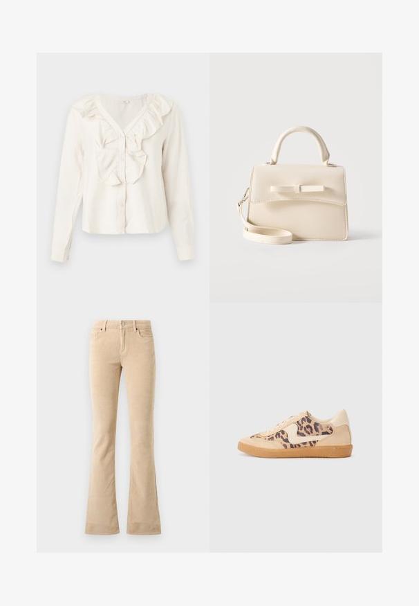 Blusa blanca de manga larga con escote en V, botones delanteros y un borde con volantes alrededor del cuello y el área de los botones.; Pantalones acampanados de corduroy beige con un acabado texturizado, dos bolsillos delanteros, una cremallera y un detalle de botón en tono plateado.; Zapatillas de leopardo con parte superior de ante beige, suela de goma marrón y acentos blancos. Punta redonda y diseño con cordones con un acabado texturado.; Pequeño bolso beige con asa superior, correa desmontable, solapa frontal y lazo decorativo horizontal sobre un fondo liso.