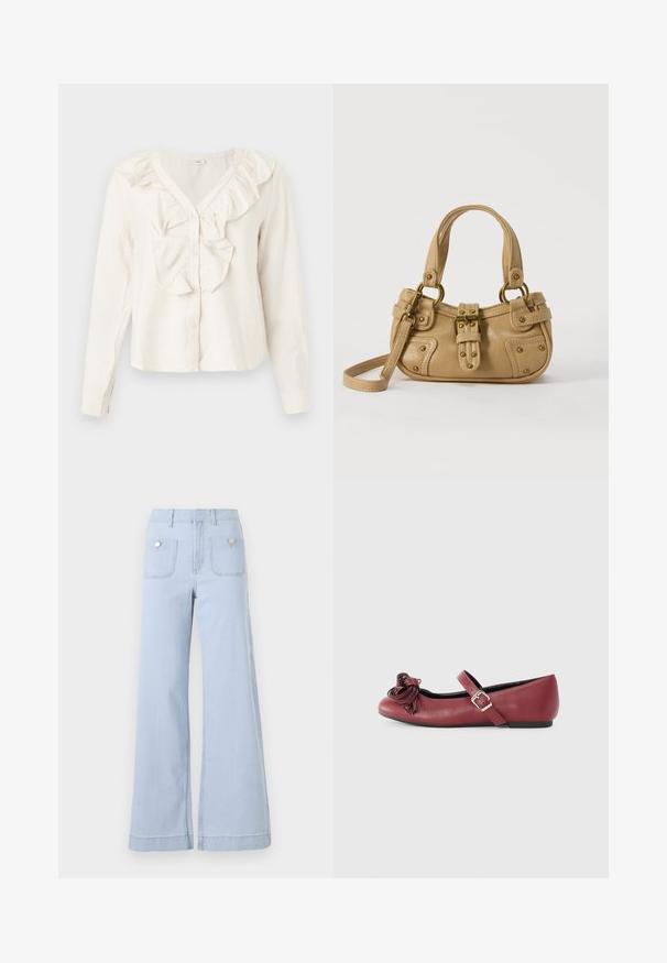 Blusa blanca de manga larga con escote en V, botones delanteros y un borde con volantes alrededor del cuello y el área de los botones.; Jeans de pierna ancha azul claro, confeccionados en denim, con una cintura alta, grandes bolsillos frontales y detalles metálicos en los bolsillos traseros.; Bailarinas de cuero burdeos con punta redonda, correa para el tobillo y un detalle decorativo de borlas en la parte frontal. Suela plana y diseño sencillo.; Bolso de cuero beige con doble asa, hebilla y remaches de latón, y una correa de hombro ajustable sobre un fondo blanco.