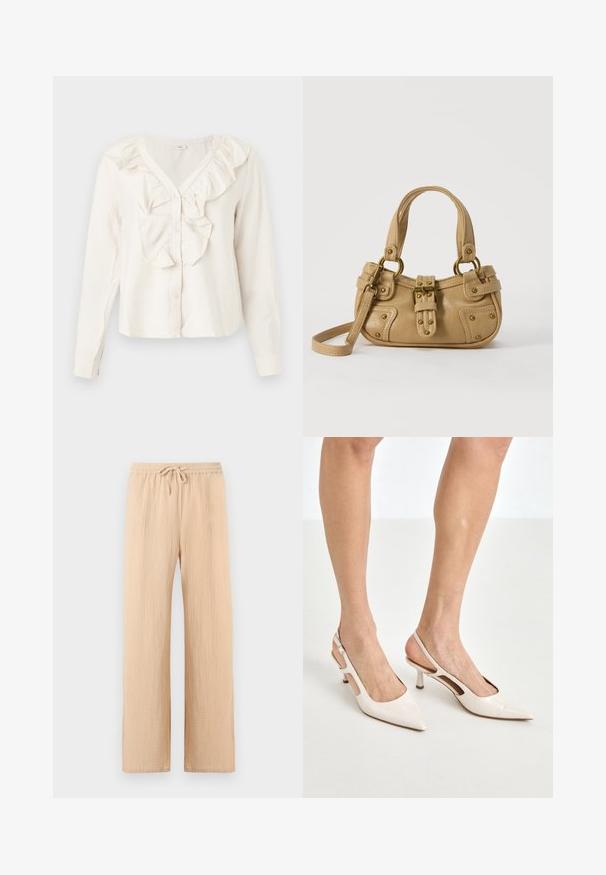 Blusa blanca de manga larga con escote en V, botones delanteros y un borde con volantes alrededor del cuello y el área de los botones.; Pantalones beige de pierna ancha con tela texturizada, cintura elástica y cordón delantero ajustable.; Tacones slingback de charol beige con punta afilada y un tacón de 5 cm, con lados recortados y una delgada correa en el tobillo.; Bolso de cuero beige con doble asa, hebilla y remaches de latón, y una correa de hombro ajustable sobre un fondo blanco.