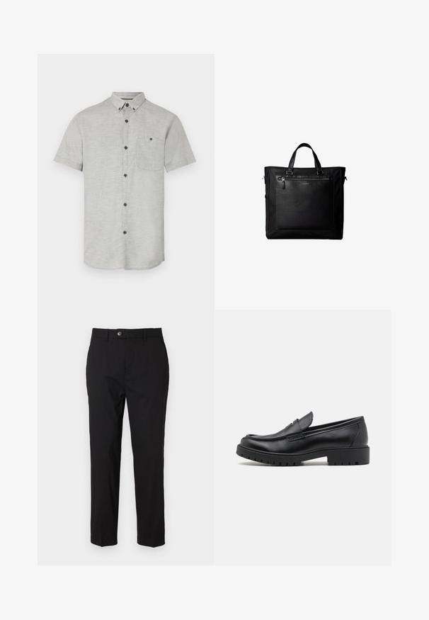 Chemise à manches courtes en tissu gris clair, dotée d'une poche poitrine et de boutons foncés pour le contraste. Texture lisse avec un motif subtil.; Pantalons noirs en tissu lisse, avec une fermeture à bouton, des passants de ceinture et deux poches latérales. Design à jambe droite avec un minimum de détails.; Mocassins en cuir noir avec un bout arrondi, un design à enfiler et une semelle en caoutchouc épaisse avec une texture antidérapante. Talon surélevé et détails de surpiqûre subtils.; Sac cabas noir avec doubles poignées, grande poche avant en cuir avec fermeture éclair et logo discret Calvin Klein au centre de la poche.