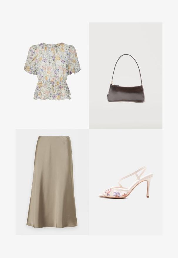 Kurze Bluse mit Puffärmeln, tailliertem Bund und Rüschensaum in Pastellfarben auf hellem Hintergrund.; Beiger Satin-Midirock mit glatter, fließender Textur und hoher Taille, vor weißem Hintergrund präsentiert.; Beige High-Heel-Sandale mit dünnen Riemen und Blumenstickerei auf transparentem Stoff im Zehenbereich.; Kleine rechteckige dunkelbraune Lederhandtasche mit einem einzelnen Riemen und goldfarbenem Reißverschluss.