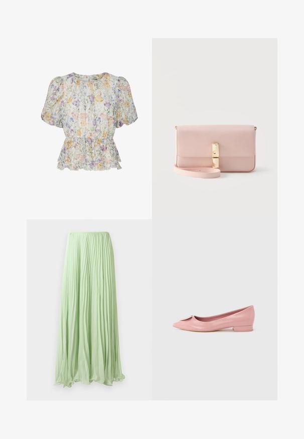 Korte bloemenblouse met pofmouwen, getailleerde taille en ruches onderaan, uitgevoerd in pasteltinten op een lichte achtergrond.; Lichtgroene geplooide lange rok van lichte stof met elastische tailleband, weergegeven tegen een witte achtergrond.; Roze lakleren ballerina met een puntige neus, voorzien van een klein strikdetail op de wreef en een lage, vierkante hak.; Rechthoekige lichtroze leren clutch met een omslagklep, een sluiting in goudkleur en een afneembare polsriem op een grijze achtergrond.