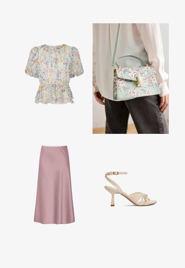 Korte bloemenblouse met pofmouwen, getailleerde taille en ruches onderaan, uitgevoerd in pasteltinten op een lichte achtergrond.; Zachte roze satijnen midi-rok met een A-lijn silhouet en soepel, vloeiend stof.; Beige sandaal met bandjes en hak, enkelgesp, open teen, geknoopt detail aan de voorkant en taps toelopende hak van middelhoogte op een witte achtergrond.; Bloemmotief handtas in muntgroen met een gestructureerde vorm, gouden hardware en een bovenhandvat. Het ontwerp bevat roze bloemen en groene bladeren.