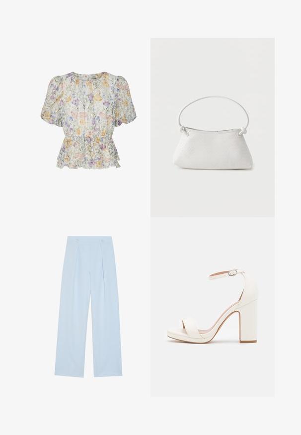 Blouse courte à manches bouffantes fleuries, taille cintrée et ourlet à volants dans des couleurs pastel sur un fond clair.; Pantalons larges bleu clair avec deux plis frontaux, deux boutons à la taille et une texture de tissu lisse.; Sandale à talon haut blanche avec une bride de cheville, design minimaliste, bout ouvert, talon carré et texture en cuir lisse.; Sac à main en cuir tressé blanc avec poignée arrondie et extrémités de lanière nouées, présenté sur un fond uni.