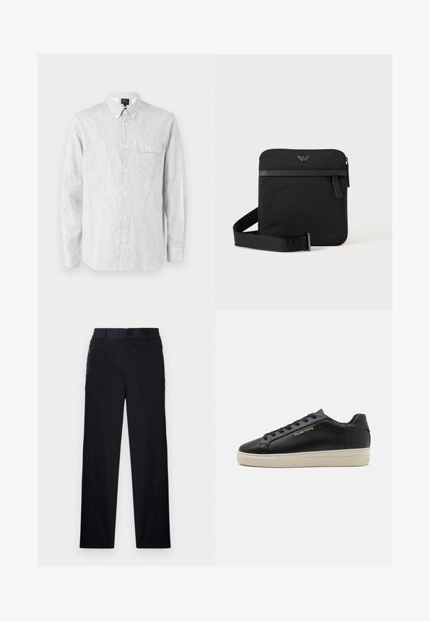 Chemise à rayures blanche et marine, fabriquée en tissu léger. Caractéristiques : col, manches longues et poches poitrine.; Pantalon noir en tissu léger et texturé, avec une coupe droite, une taille élastique et des poches zippées sur les côtés.; Sneaker en cuir noir avec une finition lisse, semelle crème contrastante, bout arrondi, logo doré sur le côté et six œillets pour les lacets.; Sac bandoulière carré noir avec fermeture éclair, poche avant et sangle réglable avec nom de marque embossé.