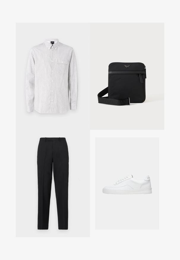 Stribet skjorte med knapper i hvid og marineblå, lavet af letvægtigt stof. Har en krave, lange ærmer og en brystlomme.; Theory STRAIGHT - Bukser - deep black; Hvid lavt sneaker med snørelukning, glat læderoverdel og tyk sål, vist fra siden på en ensfarvet baggrund.; Sort firkantet skuldertaske med lynlås, frontlomme og justerbar rem med præget brandnavn.