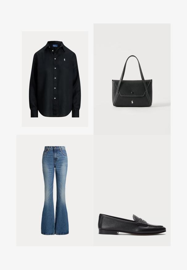 Must pikkade varrukatega triiksärk, nööpidega, kraega, valgete nööbidega ja vasakul rinnal väike valge tikandiga Polo Ralph Lauren logo.; Kõrge vöökohaga sinised teksapüksid, mis laienevad jalge all ja mille esiküljel reie piirkonnas on kerge pleekimine, kujutatud valgel taustal.; Must värvi nahast loafer tekstureeritud viimistlusega, dekoratiivse rihmaga ja madala kanna ning sileda, minimalistliku disainiga ümmarguse ninaga.; Mustast nahast käekott kahe sangaga, esiklapiga, millel on nööbi sulgur, valged õmblused ja väike hobuse logo ühevärvilisel taustal.