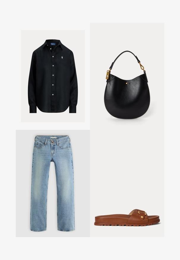 Zwart overhemd met lange mouwen, knopen, kraag, witte knopen en klein wit geborduurd Polo Ralph Lauren-logo op de linkerborst.; Lichtblauwe rechte jeans van denim, met een knoopsluiting, vijf zakken en subtiele vervaging langs de benen.; Bruine leren slidesandaal met dikke zool en gouden gespdetail op het bandje, getoond in profiel tegen een witte achtergrond.; Zwarte leren handtas met een ronde vorm, korte handgreep, gouden hardware en een subtiele gouden stipaccent aan de voorkant. Glad van structuur.