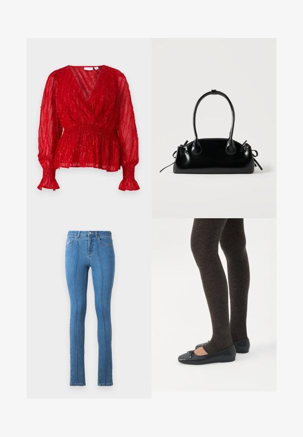 Rode, doorzichtige blouse met gestructureerde, gerimpelde stof. Heeft lange mouwen met gerimpelde manchetten en een V-halslijn, getopt met een rechte taille.; Blauwe denim skinny jeans met een hoge taille en een slanke pasvorm. Voorzien van stikseldetails langs de naden en typische voor- en achterzakken.; Benen met donkere geribbelde leggings gecombineerd met zwarte ballerina's met kleine strikdetails op een witte achtergrond.; Kleine zwarte glanzende handtas met twee lange hengsels en zijkant trekkoord details op een effen lichte achtergrond.