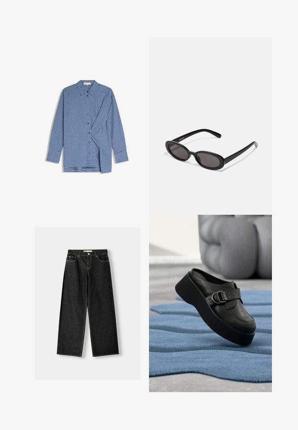 Chemise à manches longues à carreaux bleus et blancs, boutonnée avec col, posée à plat, une manche légèrement repliée sur le devant.; Jean noir en denim à jambes larges avec cinq poches, fermeture à bouton en métal et zip, et des coutures contrastantes jaunes le long des coutures.; Mule plateforme en cuir noir avec un grand détail de boucle reposant sur un tapis bleu texturé et ondulé, avec un arrière-plan gris flou.; Even&Odd Lunettes de soleil - black