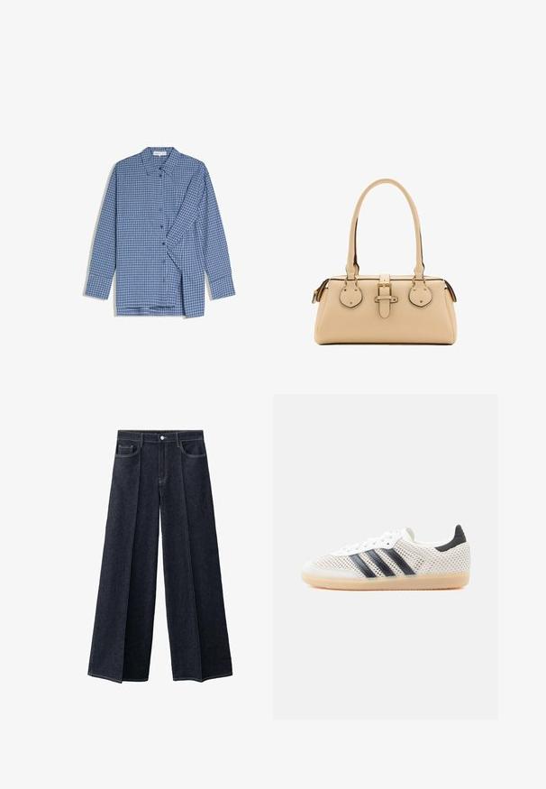Chemise à manches longues à carreaux bleus et blancs, boutonnée avec col, posée à plat, une manche légèrement repliée sur le devant.; Jean en denim foncé à jambes larges avec une taille haute, doté d'une fermeture à boutons sur le devant, de poches latérales et de plis marqués le long des jambes.; Baskets en maille blanche avec un design à trois bandes noires, bout arrondi et semelle en caoutchouc gomme. Dotées d'un col de talon souple et d'une fermeture à lacets.; Sac à main en cuir beige avec double poignées, sangle à boucle à l'avant et patchs décoratifs arrondis de chaque côté.