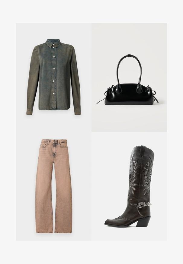 Mørkegrøn denimskjorte med knaplukning foran, spidse kraver, lange ærmer og sølvknapper, der har et blødt, tekstureret stof.; Lysebrune brede jeans lavet af denim, med en klassisk talje, fem lomme-design og en falmet tekstur.; Sort læder cowboystøvle med dekorative udskæringer, sølvspænde og skrå hæl, vist på hvid baggrund.; Lille sort blank håndtaske med to lange håndtag og snøre-detaljer i siden på en ensfarvet lys baggrund.