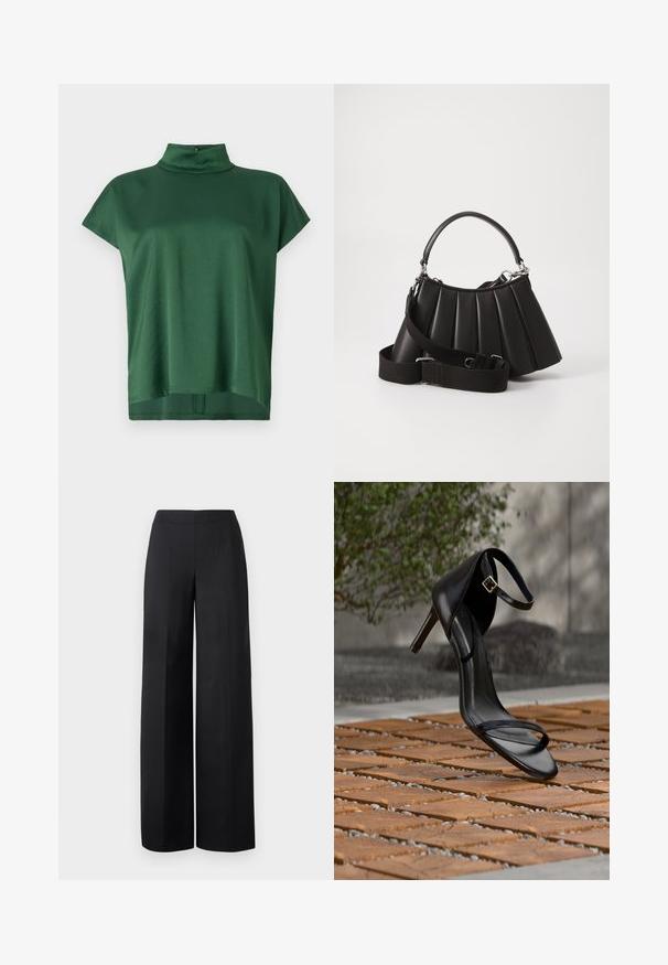 Top verde de manga corta con cuello alto, hecho de una tela suave. Cuenta con un corte relajado y un brillo sutil, con un cierre en la parte posterior del cuello.; Pantalones de pierna ancha negros, hechos de una tela suave. Presentan una cinturilla alta y líneas rectas y limpias sin bolsillos visibles ni adornos.; Sandalia negra de tacón alto con correa en el tobillo, parece suspendida sobre un suelo de baldosas de madera al aire libre, con un fondo difuminado de vegetación y piedra.; Bolso de mano negro con pliegues, manejo redondeado, correa ajustable y textura brillante. Presenta herrajes plateados y una silueta estructurada.