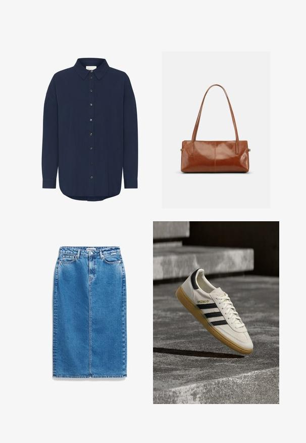 Chemise à manches longues bleu marine foncé avec un col classique, fermeture à boutons sur le devant et coupe décontractée. Présente une texture subtile et un ourlet arrondi.; Jupe en denim bleu moyen, présentant une coupe droite, une taille haute, des poches avant et des détails de couture subtils.; Baskets Adidas Spezial blanches avec des rayures noires et une semelle en gomme flottant au-dessus de marches en pierre grises à l'extérieur.; Sac à main rectangulaire en cuir marron avec deux longues bandoulières, finition lisse et brillante, au design minimaliste sur un fond uni.
