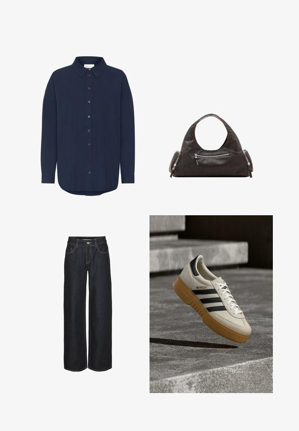 Mørknavy langærmet skjorte med klassisk krave, knaplukning foran og en afslappet pasform. Har subtil tekstur og rundet underkant.; Mørkeblå lige ben jeans med frontlommer, bæltestropper og gule kontrastsyninger, vist på en hvid baggrund.; Beige ruskindsneaker med sorte striber, hvide snørebånd og en gummisål i naturfarve. Har "SPEZIAL"-mærkning på siden.; Sort læderhåndtaske med et rundt øverste håndtag, to sidelommer med lynlåse og glat tekstur. Let slap design.