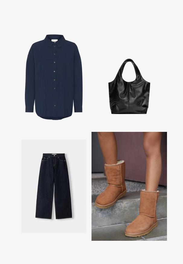 Chemise à manches longues bleu marine foncé avec un col classique, fermeture à boutons sur le devant et coupe décontractée. Présente une texture subtile et un ourlet arrondi.; Jean large en denim bleu foncé à taille haute, avec cinq poches, des coutures contrastées et des éléments en métal argenté. Texture lisse et finition soignée.; Bottines en suede marron, à bout rond, avec une doublure douce et une semelle en caoutchouc, présentant des détails de couture visibles le long des coutures.; Sac fourre-tout en cuir noir avec une texture lisse, un haut arrondi doux et de larges poignées. Présente une couture minimale et une silhouette décontractée.