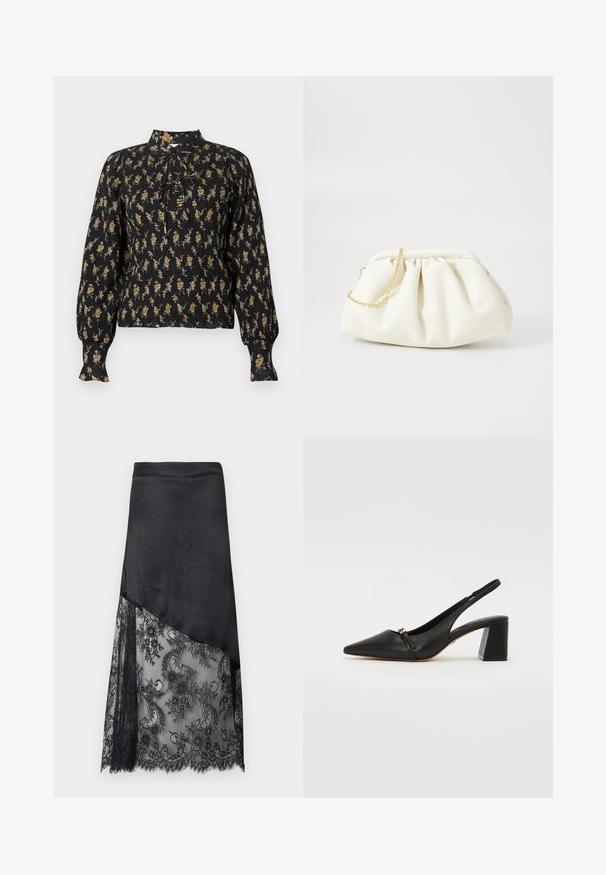 Blouse noire à manches longues avec un motif floral orange et beige, texture froncée, col montant et détails noués à l'avant.; Jupe asymétrique noire avec un haut en satin uni et une superposition en dentelle florale transparente sur la moitié inférieure.; Chaussure à talon en cuir noir, modèle slingback avec un bout pointu, une petite bride à l'avant et un talon bloc. Texture lisse avec des détails en accents dorés.; Sac à main en cuir blanc avec un design plissé, doté d'une bandoulière en chaîne dorée et d'une forme arrondie. Texture lisse avec des plis doux et sans motifs.