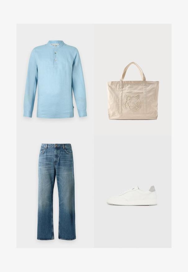 Himmelblaues Langarmhemd aus Leinen. Stehkragen mit drei Knöpfen. Sanfte Textur und lockerer Schnitt. Enthält ein Markenetikett innen.; Helle blaue, weit geschnittene Jeans mit einer verblassten Waschung, ausgestattet mit einem Ein-Knopf-Verschluss, fünf Taschen und kontrastierenden Nähten.; Weißer Sneaker mit niedrigem Schaft, grauem Fersenlaschen, weißen Schnürsenkeln und einer strukturierten Sohle, dargestellt vor einem schlichten hellen Hintergrund.; Beige Canvas-Tragetasche mit doppelten Griffen und einem geprägten Wolfskopfdesign auf der Fronttasche.