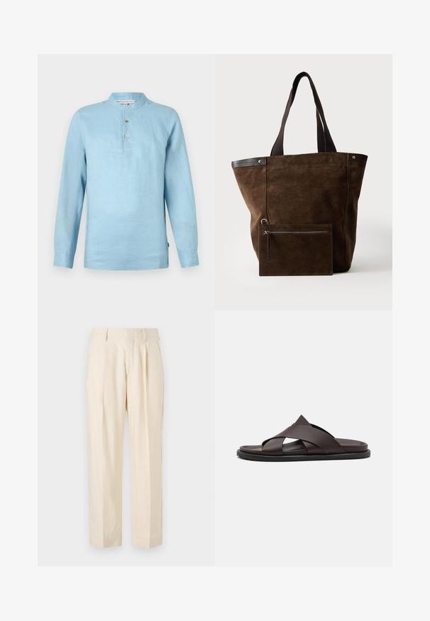 Camisa de manga larga de color azul claro hecha de lino. Cuello alzado con tres botones. Textura suave y ajuste relajado. Presenta una etiqueta de marca en el interior.; NN.07 KAY - Pantalones - off white; Stuart Weitzman BERKLEY - Sandalias planas - espresso; Bolso tote de ante marrón oscuro con asas negras y un neceser rectangular con cremallera a juego unido en la parte frontal.