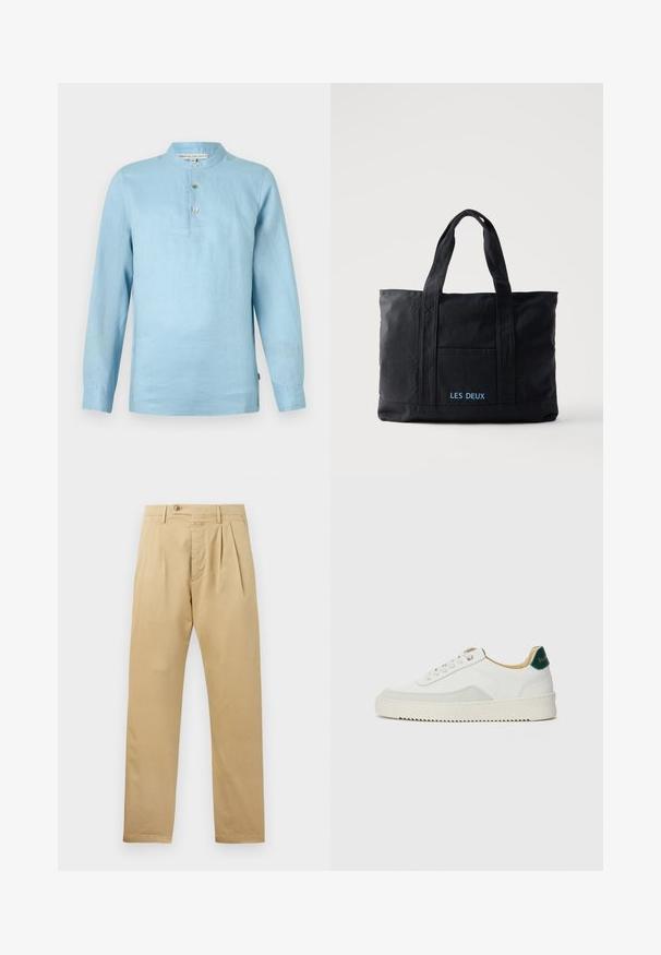 Heled sinine pika varrukaga särk, mis on valmistatud linast. Seisva kraega, millel on kolm nuppu. Siledat tekstuuri ja mugav lõige. Siseosas on brändi silt.; CLOSED BERGEN TAPERED - Chino-püksid - beige; Valged tennisjalanõud, millel on sametised aktsendid, ümar varvas, lame nöörid ja kreemjas kummine põhja. Hästi nähtav roheline bränding kannal.; Mustast lõuendist õlakott kahe sangaga, esitasku ja sinise tikandiga "LES DEUX" esitaskul.