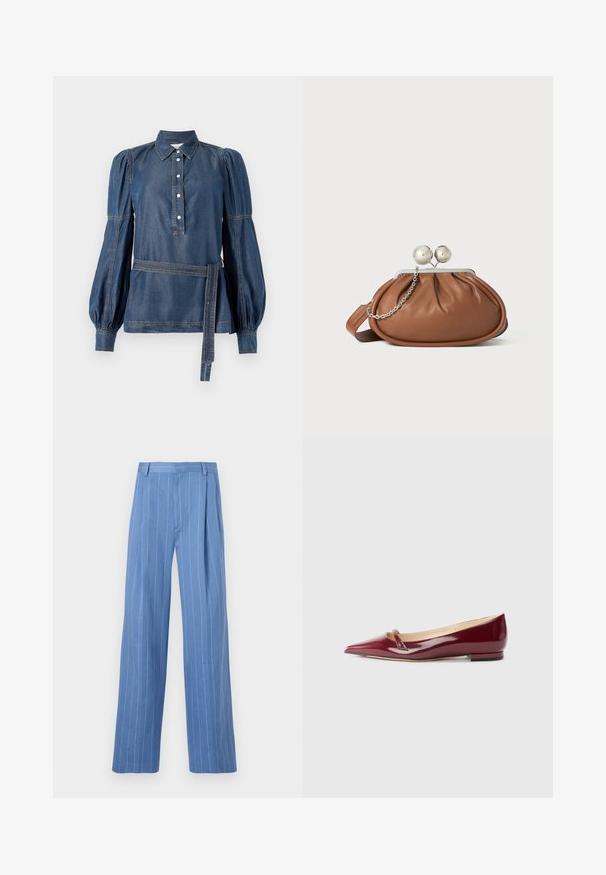 Chemise en denim avec col, patte de boutonnage et manches bouffantes. Dotée d'une taille ceinturée et de coutures contrastées. Couleur bleu foncé.; Pantalons larges bleu clair avec des rayures blanches verticales. Fabriqués dans un matériau lisse, avec un pli avant et une taille épurée.; Ballerines en cuir verni bordeaux avec un bout pointu, présentant un petit détail découpé et un petit talon. Texture lisse et design épuré.; Pochette en cuir marron avec un fermoir à boule en argent et un petit détail en chaîne argentée sur fond blanc.