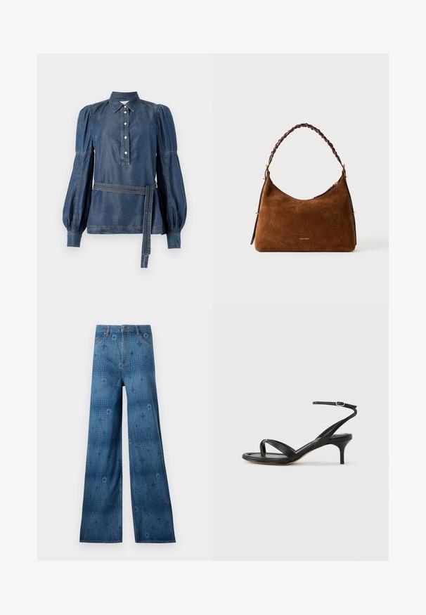 Chemise en denim avec col, patte de boutonnage et manches bouffantes. Dotée d'une taille ceinturée et de coutures contrastées. Couleur bleu foncé.; Jean en denim à jambe large, de couleur bleu foncé, avec un motif subtil sur toute la surface et un design classique à cinq poches. Les coutures contrastent avec le tissu.; Sandale pour femme en cuir noir avec fines lanières, une boucle d'orteil, une boucle à la cheville et un talon aiguille de hauteur moyenne sur un fond neutre.; Sac à main en suédé marron avec une poignée en cuir tressé marron, de forme courbe, accents en matériel doré, et logo de la marque en relief sur le devant.