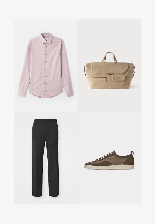 Kerged roosa pikavarrukaline särk, mis on valmistatud siledast kangast. Omab nööbiga kaelust ja seitset esist nööpi koos hõbedaste aktsentidega. Kõver hem.; Filippa K TROY TROUSERS - Püksid - black; Madal profiiliga pruun vabaajajalats valgete paeltega, beež tallaga, kangast ja seemisnahast pealsega, külje tõmbetabaga ning "Tiger of Sweden" kuldse tekstilogoga.; Beežist manmade kangast nädalavahetuse kott, kahepoolsed sangad, klapiga sulgemine, ees tõmblukuga tasku ja väike klapitasku, valgel taustal.