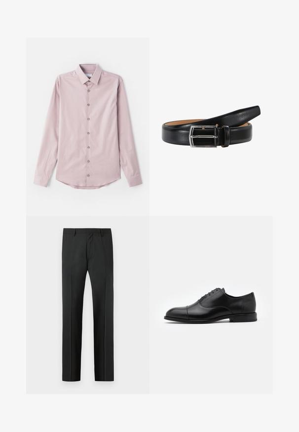 Camisa de manga larga rosa claro hecha de tela suave. Presenta un cuello abotonado y siete botones frontales con acentos plateados. Dobladillo curvado.; Pantalones de vestir negros a medida con trabillas para cinturón y pliegue frontal, mostrados sobre un fondo gris claro.; Zapato de vestir de cuero negro con punta redonda, diseño con cordones y detalles de costura sutiles. Presenta un tacón bajo y una textura suave.; Cinturón de cuero negro con una textura suave, que presenta una hebilla rectangular de plata y un forro interior en tono marrón. El extremo está afinado para un aspecto elegante.