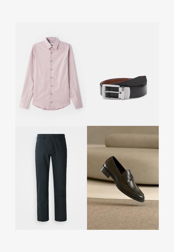 Lichtroze langslijfshirt van gladde stof. Heeft een button-down kraag en zeven voorknopen met zilverkleurige accenten. Afgeronde zoom.; Zwarte, rechte broek gemaakt van een gladde stof; heeft ceintuurlussen en een vlakke voorkant. Inclusief zijzakken.; Zwarte leren loafer zwevend boven een beige tapijt met een beige bank op de achtergrond, met een klassiek mannenmodel instapontwerp.; Zwarte leren riem met een zilverkleurige rechthoekige gesp met een textuuraccent en een gladde afwerking. Bruine voering zichtbaar aan de binnenkant.