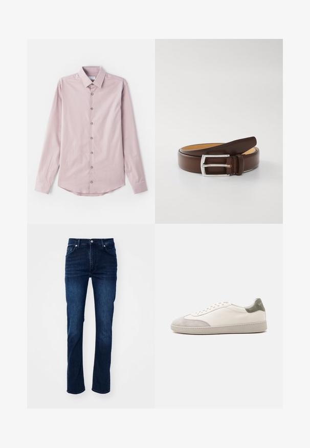 Lys rosa langærmet skjorte lavet af glat stof. Har en knap-ned krave og syv frontknapper med sølvdetaljer. Krum afslutning.; Mørkeblå denim jeans med lige ben, der har et klassisk fem-lomme design og diskrete stikninger.; Hvid lav sneaker med lysegrå ruskind på tå og hæl, hvide snørebånd og en flad beige sål, vist fra ydersiden.; Brun læderbælte med en sølvmetalknap. Designet har en glat overflade og en klassisk form, med et lysere læderinteriør.