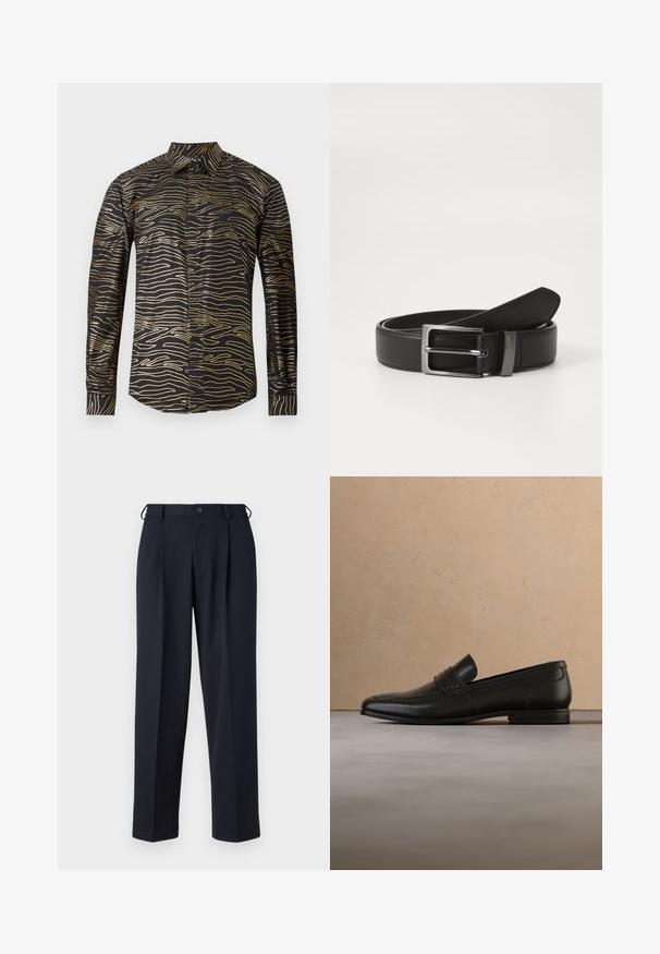 Chemise noire ornée d'un motif doré sinueux, à manches longues et col classique, fabriquée en tissu lisse avec une finition brillante.; Pantalon bleu marine sur mesure avec fermeture devant par bouton et zip, passants de ceinture et poches latérales, présenté sur un fond blanc.; Mocassin en cuir noir présenté en lévitation au-dessus d'un tapis beige avec un canapé beige en arrière-plan.; Ceinture en cuir noir avec une boucle en métal argenté, présentant une finition lisse et un design classique. La ceinture est soigneusement pliée.